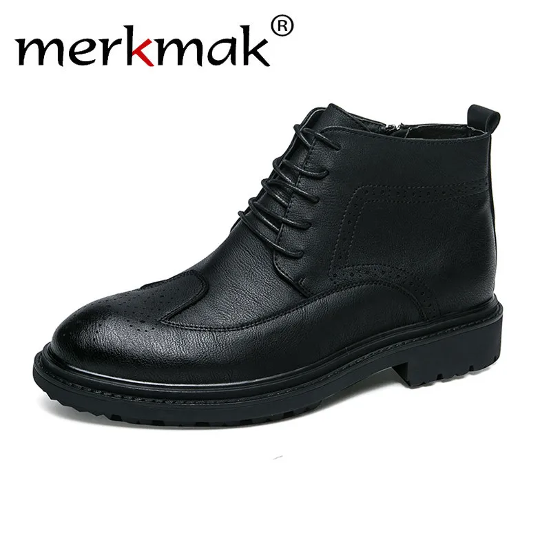 

Merkmak Brogue Ankle Boots Men Winter Autumn Fashion Men's Boot Lace Up Casual Male Leather Shoes Outdoor Man's Footwear Flats