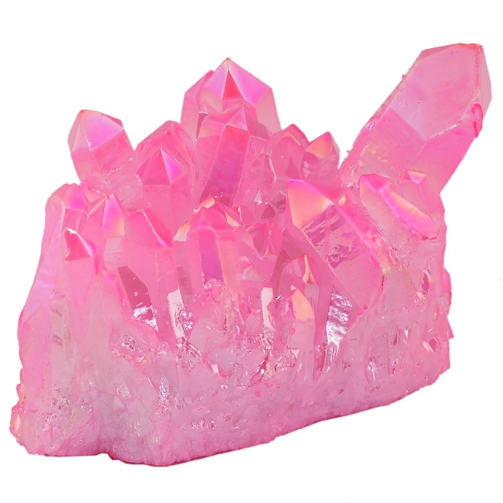 TUMBEELLUWA Hot Pink Titanium Coated Crystal Rock Quartz Cluster Geode