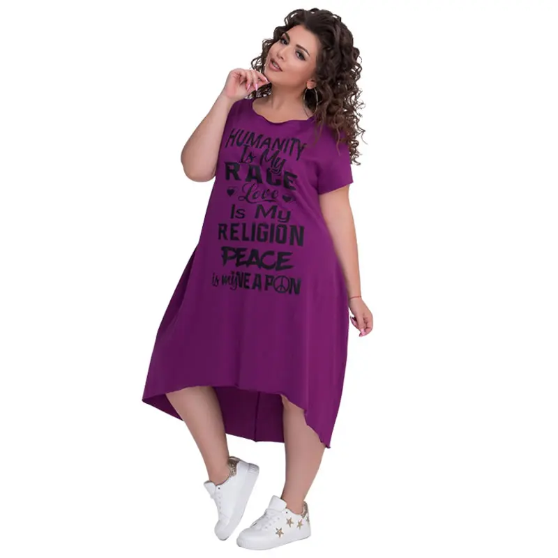 Ceny Plus rozmiar drukowany napis z krótkim rękawem w połowie sukienka do łydki Vestidos L 6XL duży rozmiar Casual niesymetryczna luźna sukienka kobiety jesienne sukienki