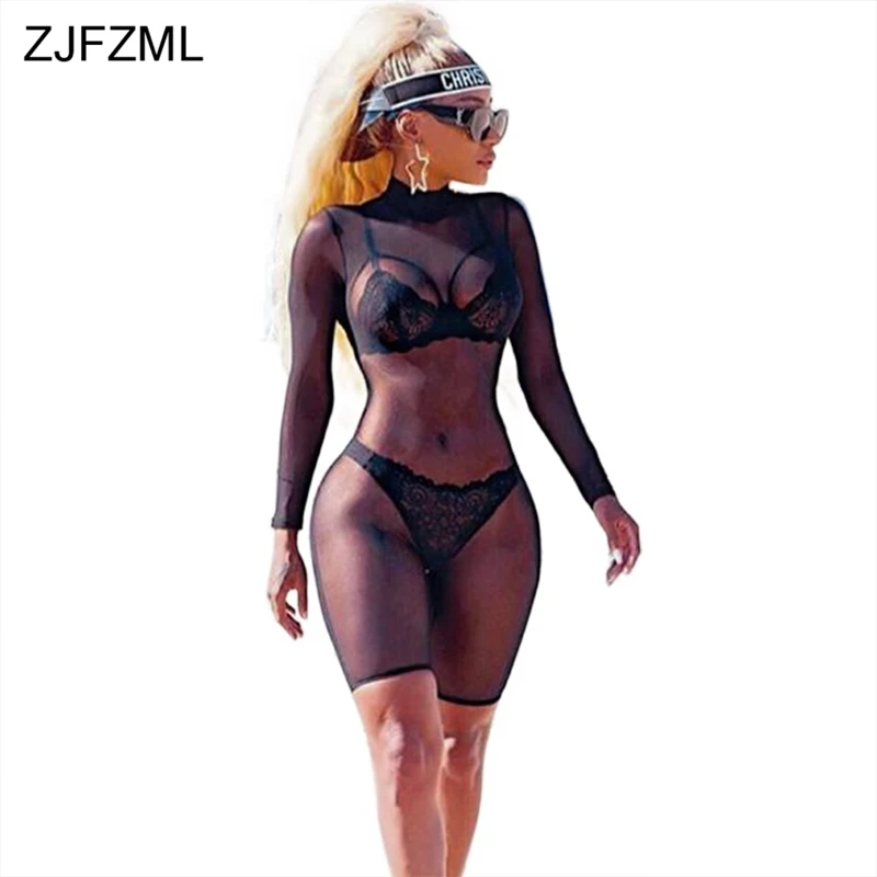 

ZJFZML Mesh Patchwork Sexy Black Bodysuits Women Turtleneck Long Sleeve See Through Overalls Autumn Skinny Mid length Playsuits