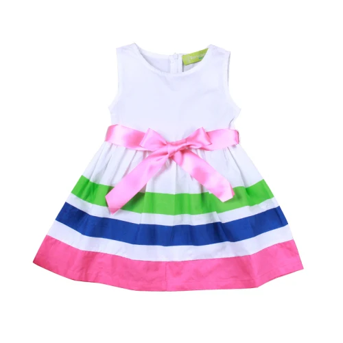Летние платья для девочек Повседневная хлопковая детская одежда в полоску без рукавов Одежда для маленьких девочек с круглым вырезом Детская Костюмы - Цвет: Розовый