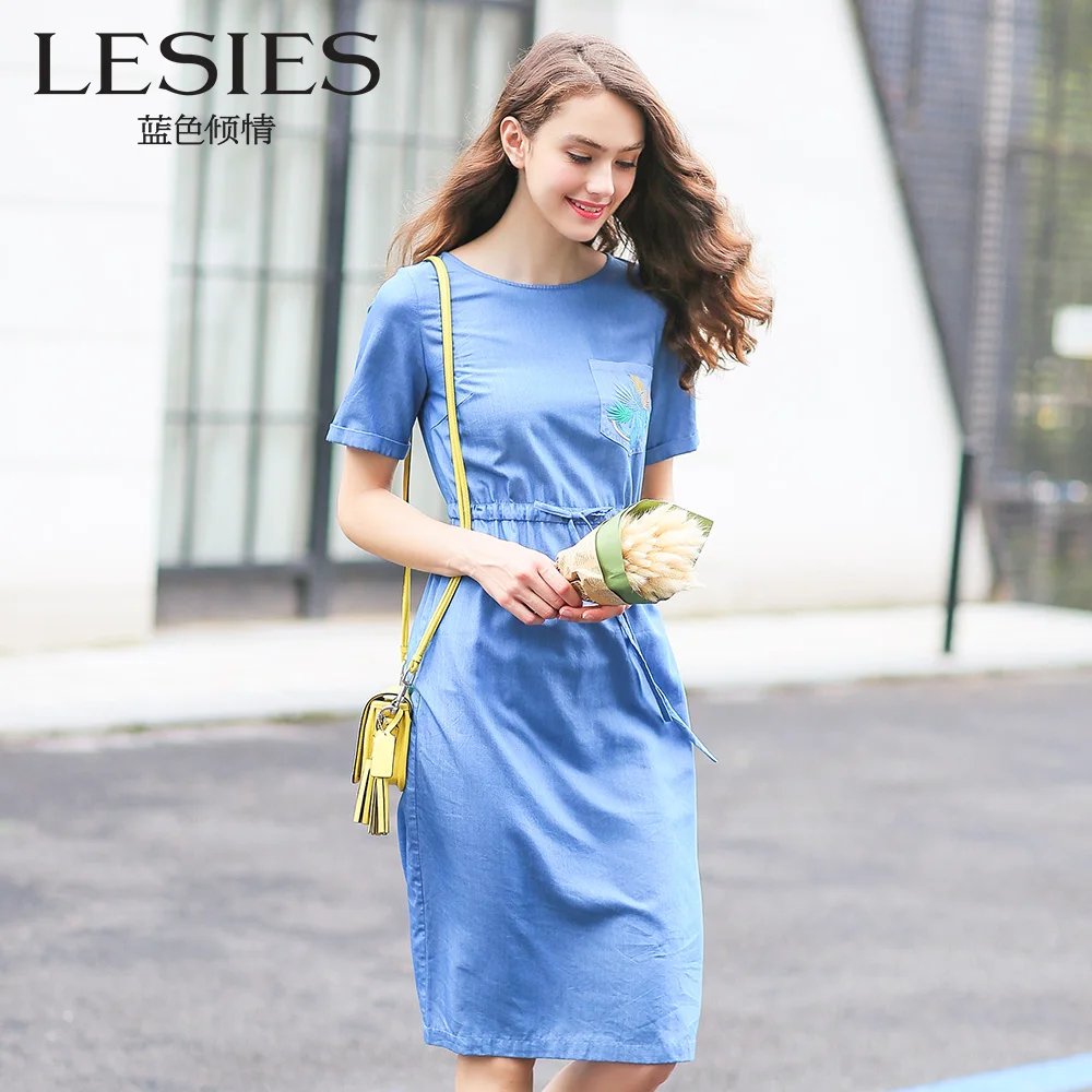 LESIES Women Summer Spring Denim Dress Casual Short Sleeve Jeans Straight Bodycon Robe Femme Vestido de Festa LS567102 | Женская одежда
