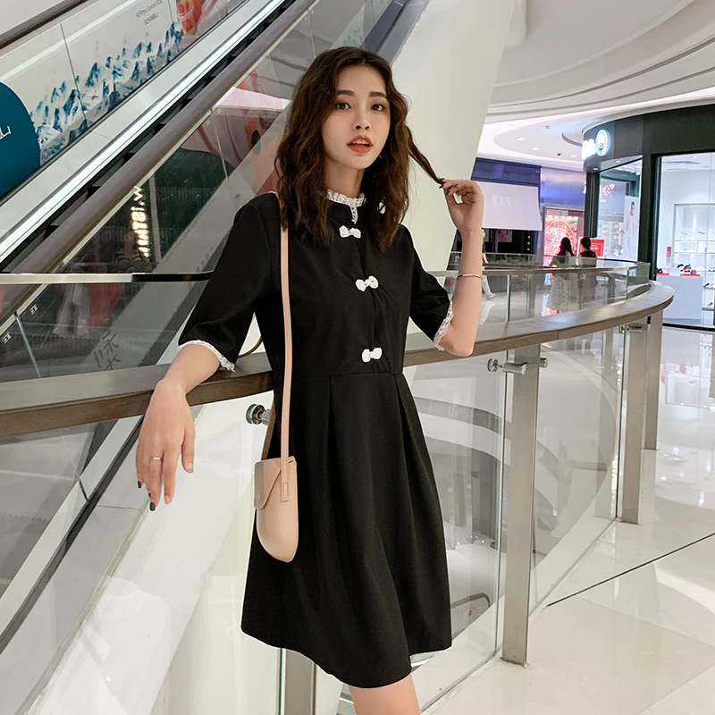 

Women Vintage Black Dress Stand Collar Half Sleeve Loose Mini Dresses Fashion Elegant Lady Party Dress Plus Size M-4XL