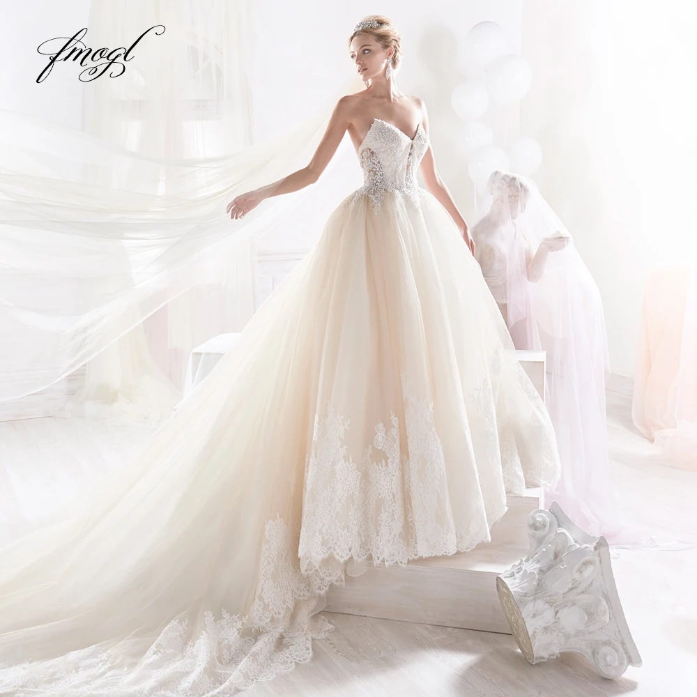 Fmogl Vestido De Noiva Милая линии свадебное платье 2019 эффектное с открытой спинкой и аппликацией бисером суд Поезд винтажное платье для невесты