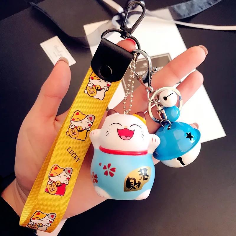 Cartoon Cute Animal Smile Face Lucky Cat Keychain Braid Belt Bells Key Ring Women Car Bag Charm Key Chains Pendant Trinkets Gift