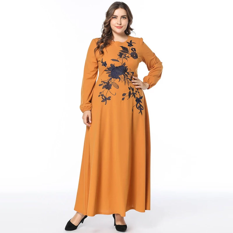 Женское платье макси с высокой талией размера плюс 2 вида цветов, Осеннее длинное платье с длинным рукавом и цветочной вышивкой на молнии, Vestido Robe 3XL 4XL - Цвет: yellow