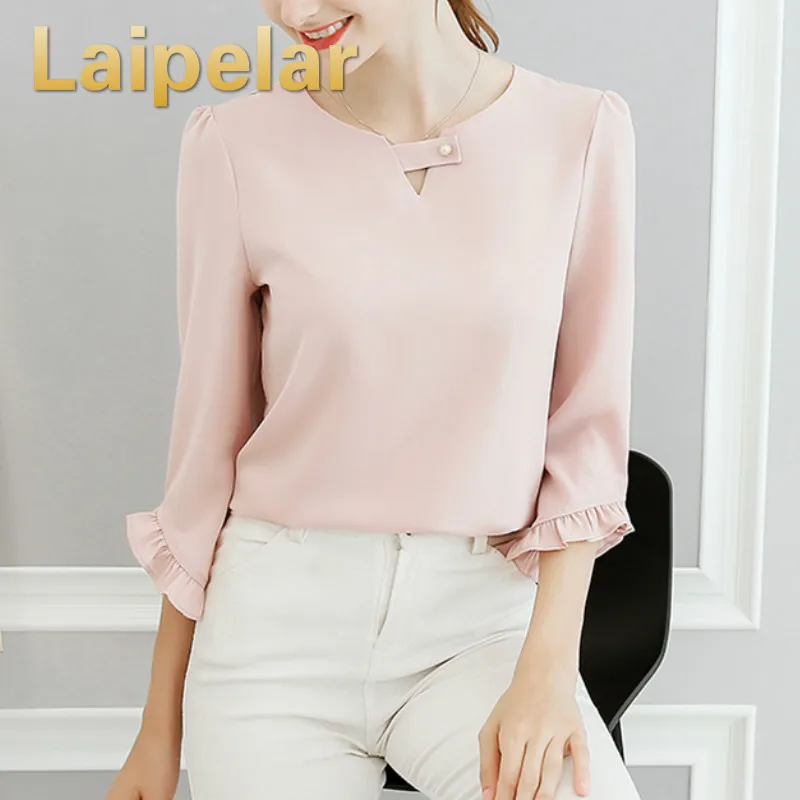 

Laipelar New Spring and Summer 2018 Women Ruffles Sleeved Chiffon Blouse Pearl Korean Fashion Solid Slim Female Lady Shirts Tops