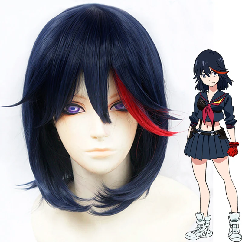 

KILL la KILL Matoi Ryuko Short Navy Blue With Red Heat Resistant Hair Cosplay Costume Wig + Free Wig Cap