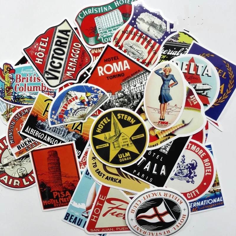 

55 pcs Not Repeat Retro Hotel Logo Stickers for Luggage Laptop Skateboard Car Styling DIY Home Decor Doodle Decals Cool Sticker