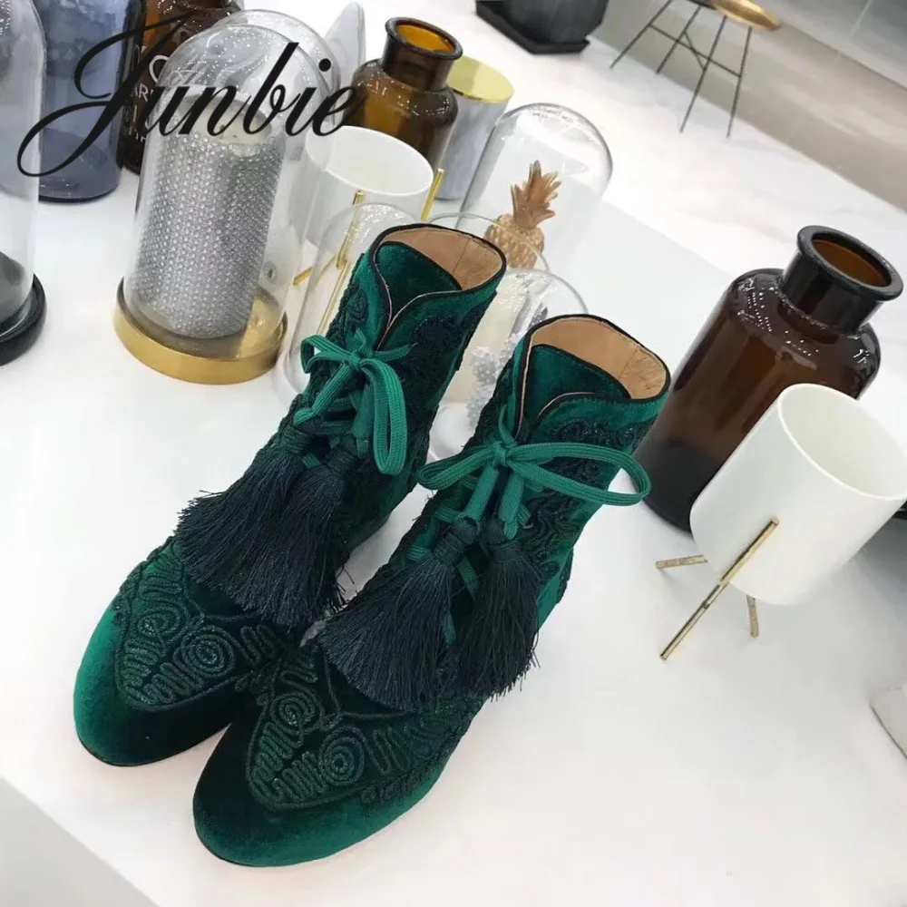 

JUNBIE Genuine Leather Black Velvet Slik Fringe Lace Up Women Autumn Winter Boots Low Heel Comfortable Boots Shoes Women