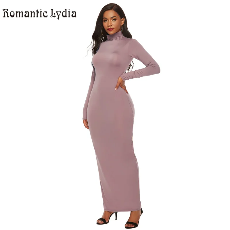 

Long Bodycon Autumn Winter Dresses Women 2018 Solid Color Slim Turtleneck Maxi Dress Plus Size