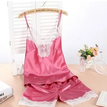 v-образным вырезом искусственный шелк женский пижамный комплект Спагетти ремень пикантная кружевная Пижама