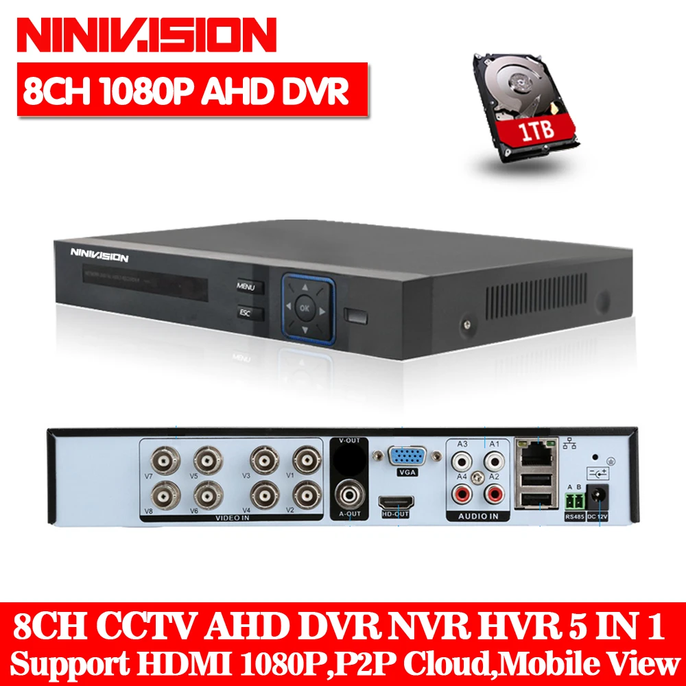 NINIVISION 1080P 2mp CCTV Камера 1080N 8-канальный сетевой видеорегистратор 8CH видеонаблюдения Регистраторы гибридный 5 в 1 WI-FI Onvif NVR, TVI, CVI, AHD, DVR