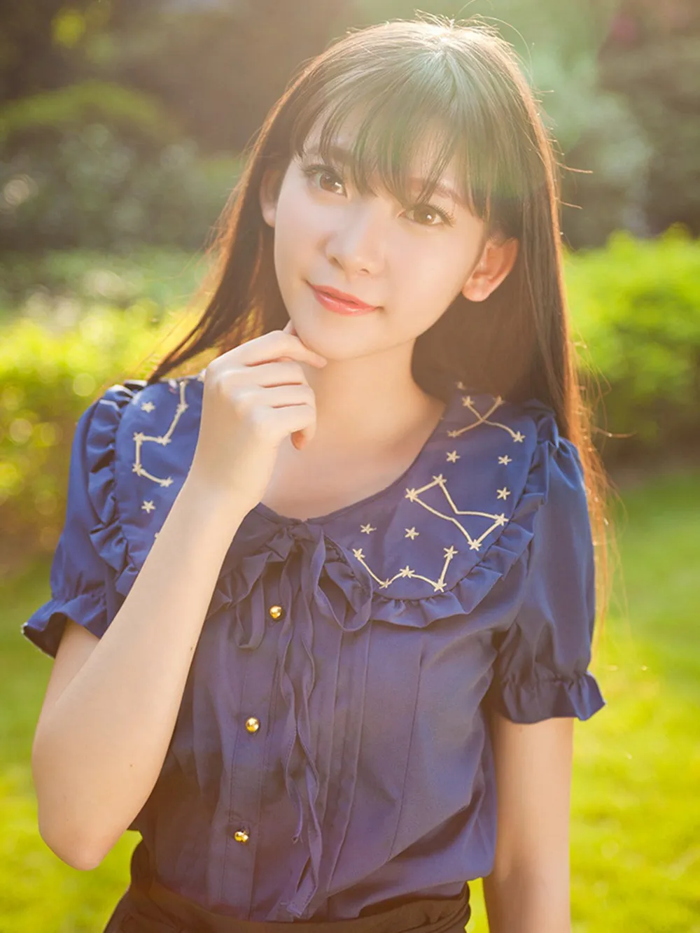 

Women Lolita Blouse Cute Peter Pan Collar Chiffon Moon Star Constellation Embroideried Short Sleeve Shirt Summer Tops