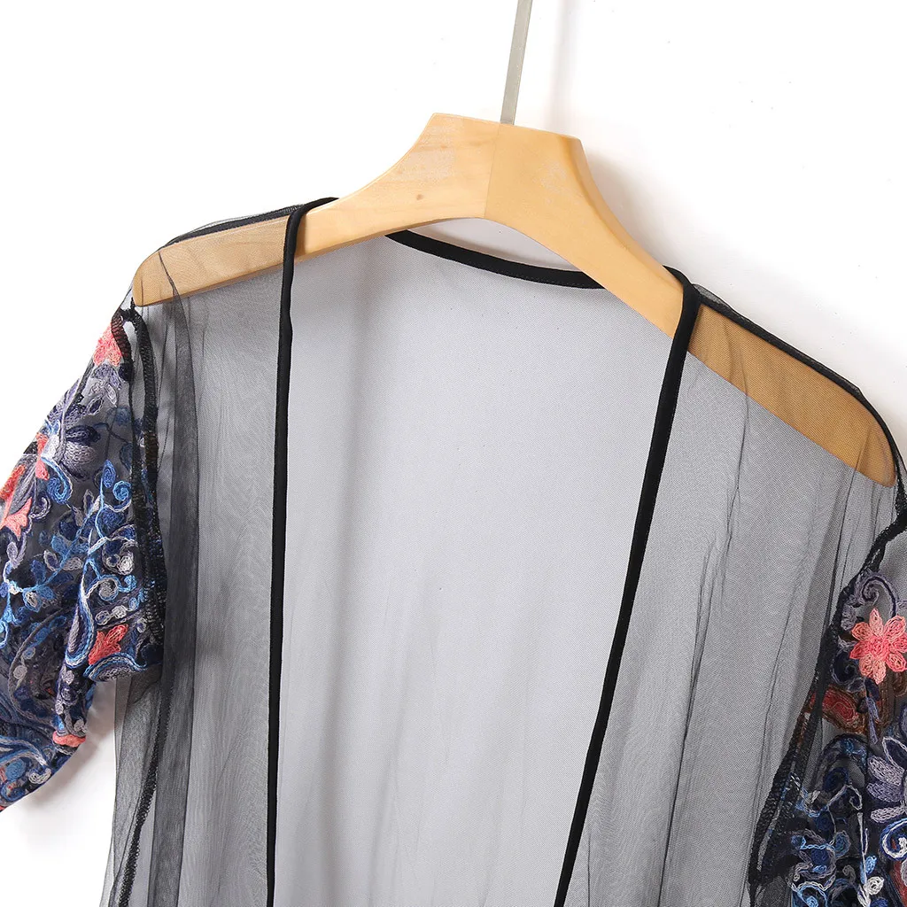 Summer Fashion Floral Embroidery Mesh Kimono Blouse Top Cardigan Blouses Beach Tops Female Women 3/4 Long Sleeve Blusa Femininas