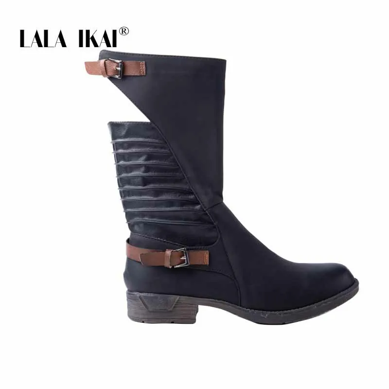 LALA IKAI/зимние сапоги; женские черные ботинки из искусственной кожи с пряжкой; коллекция года; повседневные винтажные ковбойские ботинки в ковбойском стиле; XWA2190-4 - Цвет: Black