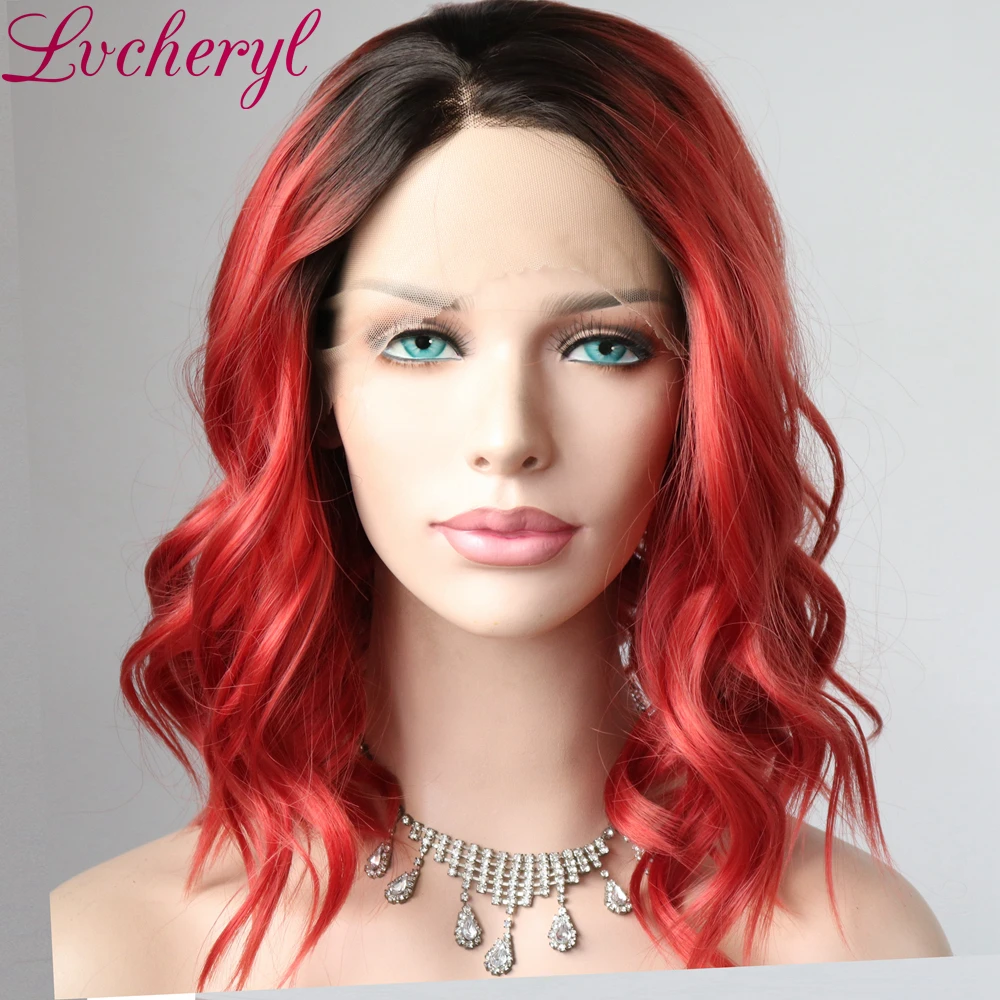 Женские короткие волнистые парики Lvcheryl черные и красные синтетические кружевные