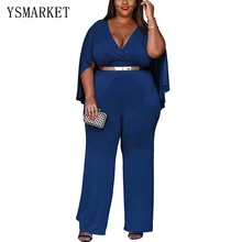 Плюс размер накидка пончо поясный комбинезон женский тонкий v-образный вырез королевский синий черный длинный комбинезон свободный комбинезон 3XL XXXL h0084