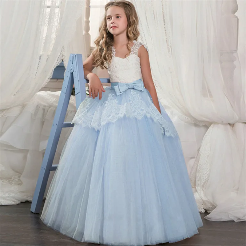 Детские платья с цветочной вышивкой для девочек; торжественное вечернее свадебное платье с цветочным узором для девочек-подростков; платье для школьной церемонии, вечеринки, выпускного бала - Цвет: Blue 2