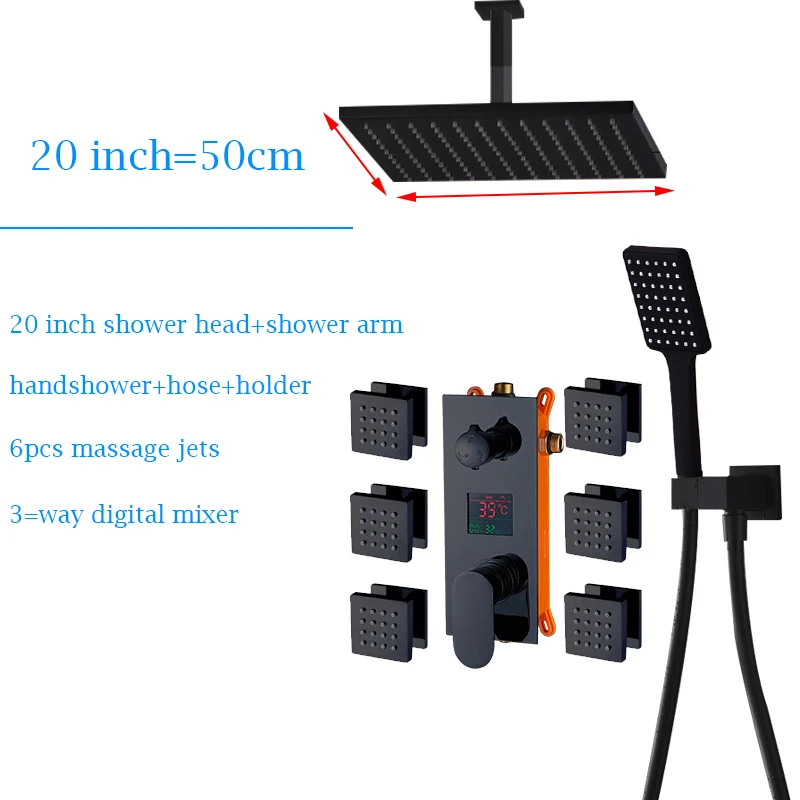 Quyanre черный цифровой смесители для душа набор насадка для душа с эффектом 6 шт. массаж спа струй 3-сторонний выход цифровой Дисплей смесителя Ванная комната душа - Цвет: 20 inch full set