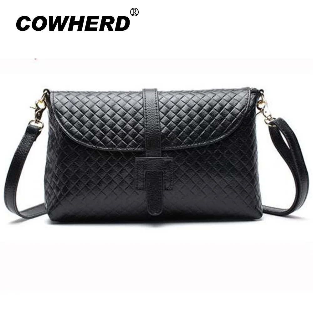 

COWHERD High Quality Women Genuine Leather Handbag Fashion Casual Plaid Pattern Female Brand Shoulder Messenger Make Up Bag