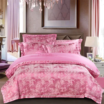 

YeeKin 100% Cotton Satin Jacquard Embroidery Princess Pink Wedding Bedding Jacquardu Satin Men's Dvet Cover 4pc Lace Embroidery