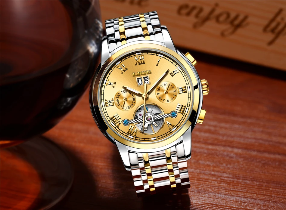 Роскошный бренд LIGE автоматические механические часы мужские модные золотые полностью стальные спортивные водонепроницаемые деловые часы Relogio Masculino