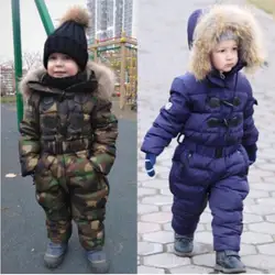 Детские Пуховые Комбинезоны на бретельках с капюшон с натуральным мехом теплая одежда для мальчиков и девочек; зимние комбинезоны для