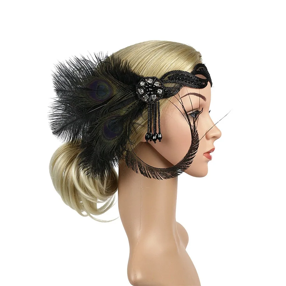 1920s головной убор с перьями, головная повязка Great Gatsby, винтажные вечерние аксессуары для волос, повязка для волос