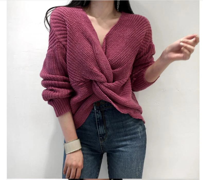 Осенний сексуальный дизайн с v-образным вырезом, фиолетовая Роза, вязаный короткий свитер, свободный джемпер, Двусторонняя одежда