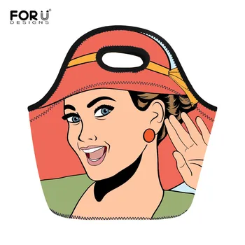 

FORUDESIGNS Insulated Neoprene Lunch Bag Popart Retro Printing Woman Reusable Soft Lunch Tote for Work and School Bolsa Termica