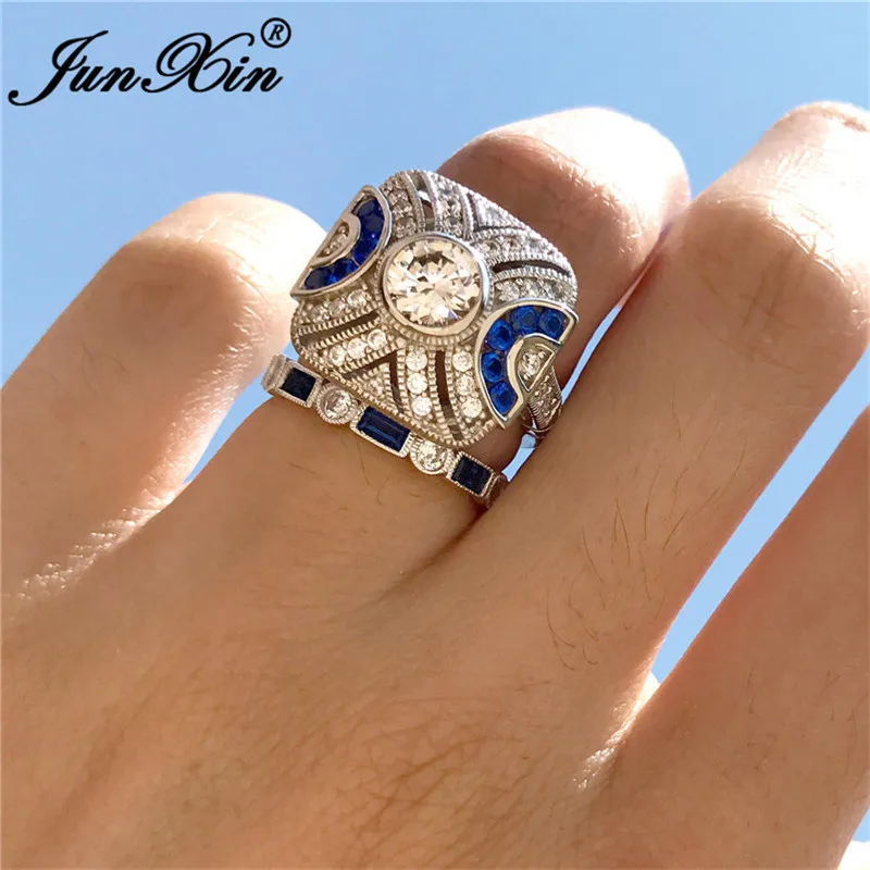 JUNXIN Male Female Square Ring Sets For Couples 925 Sterling Silver Filled Stackable Blue White Zircon Engagement Ring Women