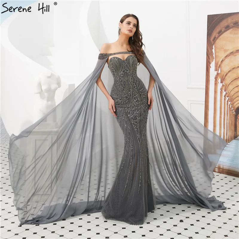 Серен Хилл сексуальное вечернее платье Русалка с шалью формальное платье Вечерние Платья Vestidos De Festa Robe De Soiree BLA6246 - Цвет: grey