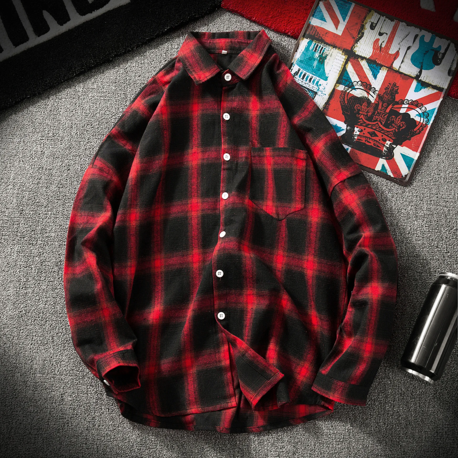 Men's Retro Tartan Shirts Harajuku Long Sleeve Plaid Shirt Red/black/green/blue Men Women Hip Hop Lattice Clothing M-5XL