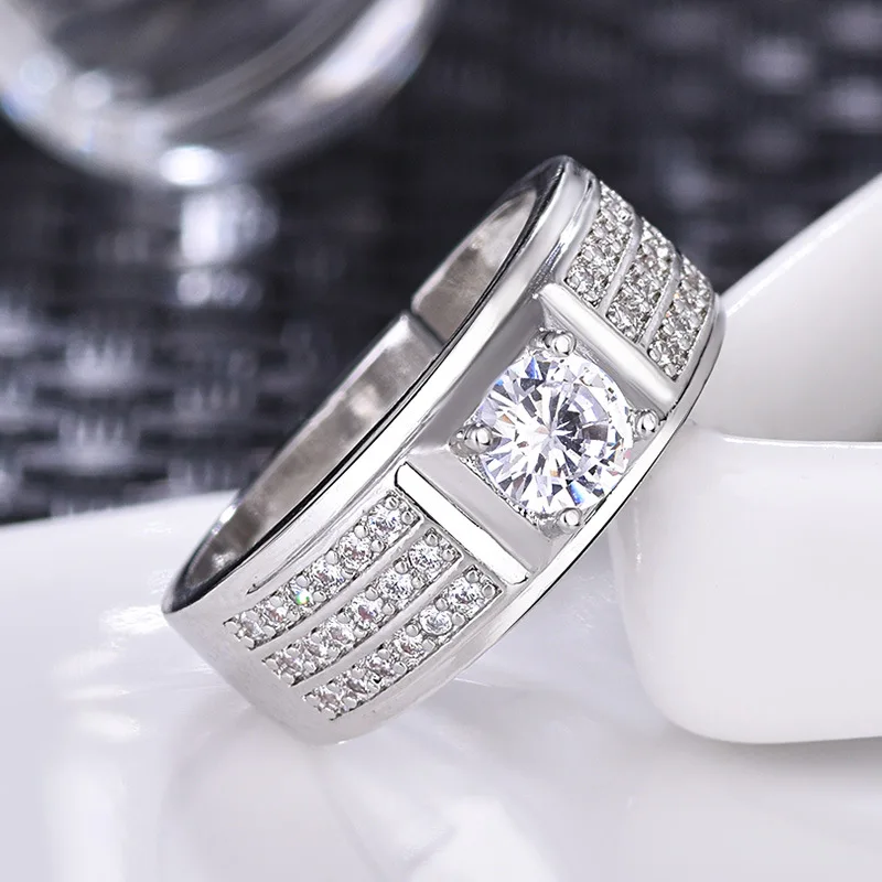 

S925 Silver AAA Zircon Double Row Finger Rings Man Adjustable White Gold Color Wedding Jewelry