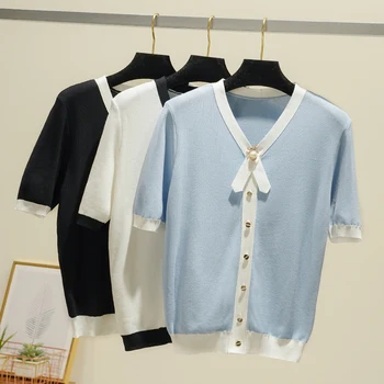 

2019 summer top quality Women Pullovers knitting tie bow knitted pullovers pearl Female Pullovers Kintted knitting Sweaters