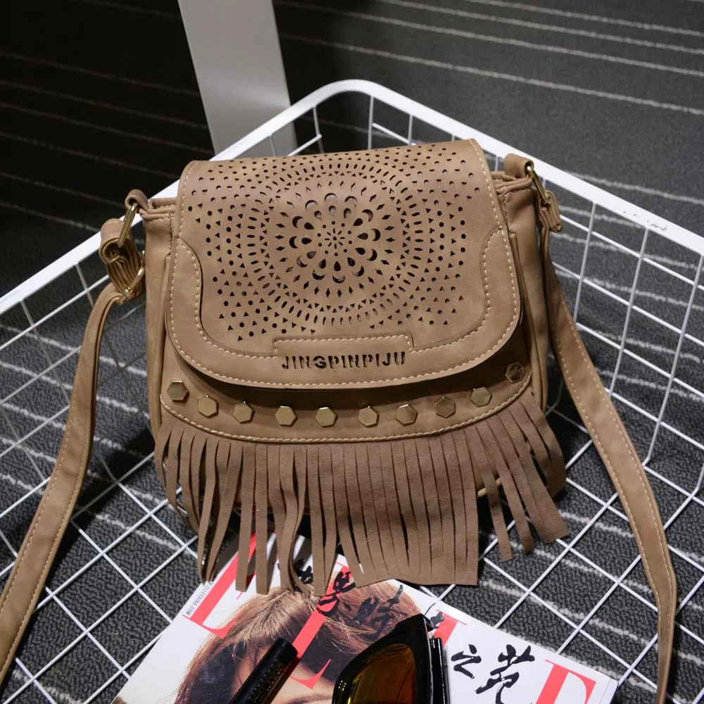 

Xiniu Women Vintage retro Tassel Rivet Handbag Hollow Out Messenger Saddle Bag