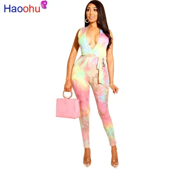 

HAOOHU Playsuits 2019 Fashion Style Tie Dye Printed Fitness Sleeveless Jumpsuit Over Shoulder Low Cut Bodycon Sexy Jumpsuit
