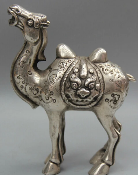 

JP S0524 6" Chinese Silver Animal Feng Shui Auspicious Two-humped Camel Sculpture Statue B0403