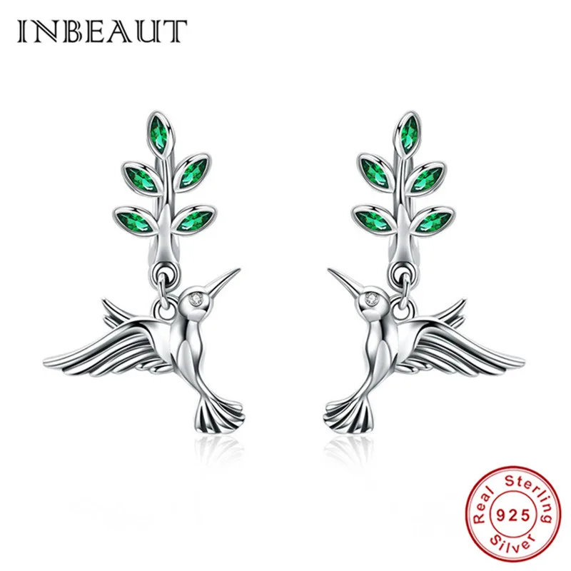 

INBEAUT Cute Little Bird Stud Earrings 925 Sterling Silver Green Zircon Tree Hummingbird Greeting Earrings Eardrop Jewelry Gift