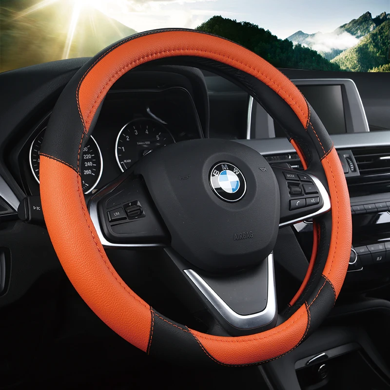 

KKYSYELVA 7 Colors Auto Car Steering Wheel Covers Car Styling 38cm/15inch Leather Steering Cover Car Interior Accessories
