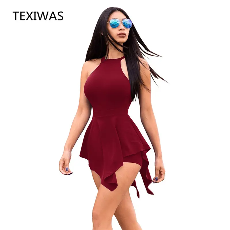 Texiwas Sexy Skinny Beach Bodycon Jumpsuits Solid Halter Shorts Rompers 