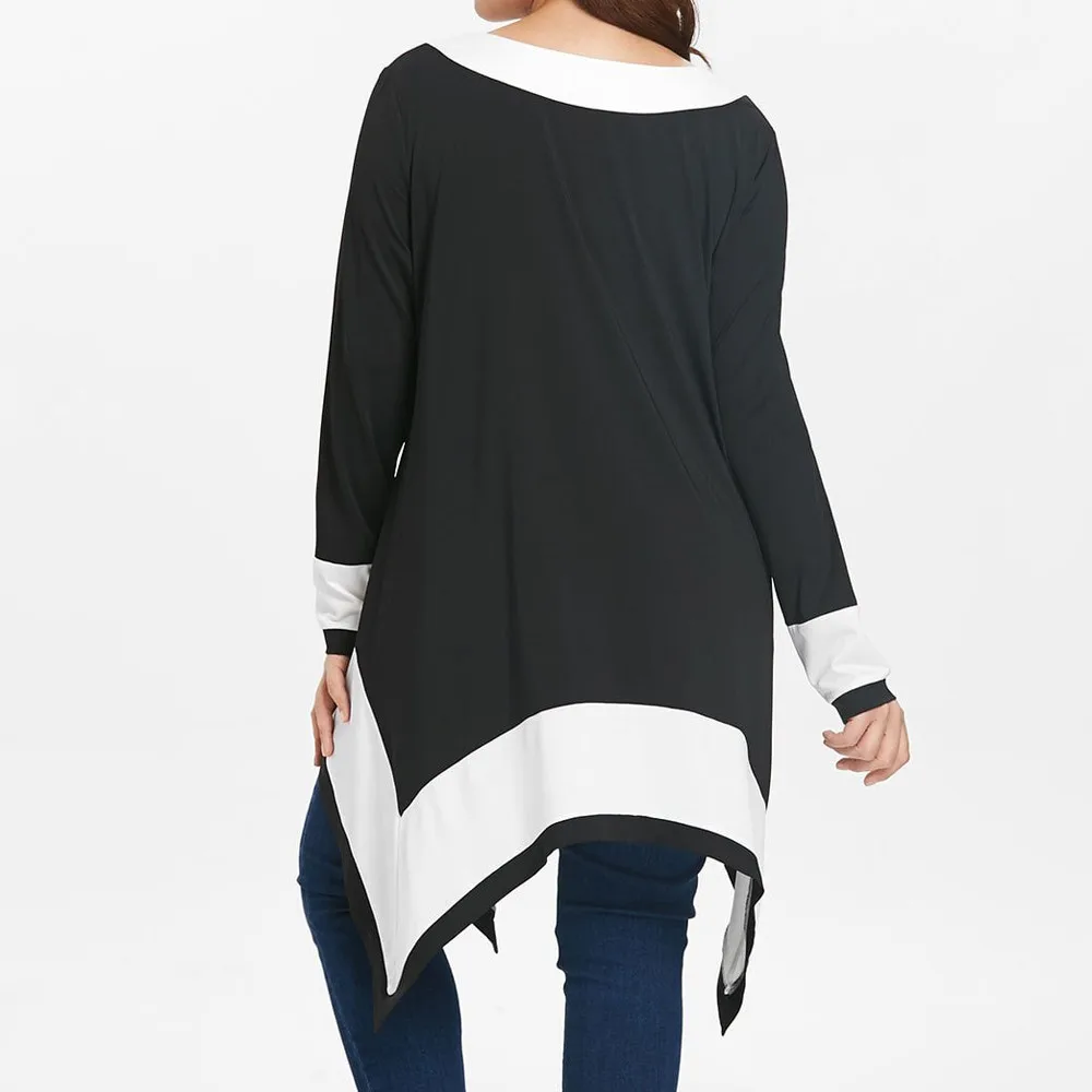 Feitong, женская блузка с длинным рукавом, в стиле пэчворк, с неровным подолом, пуловер, топы, рубашка, Новое поступление