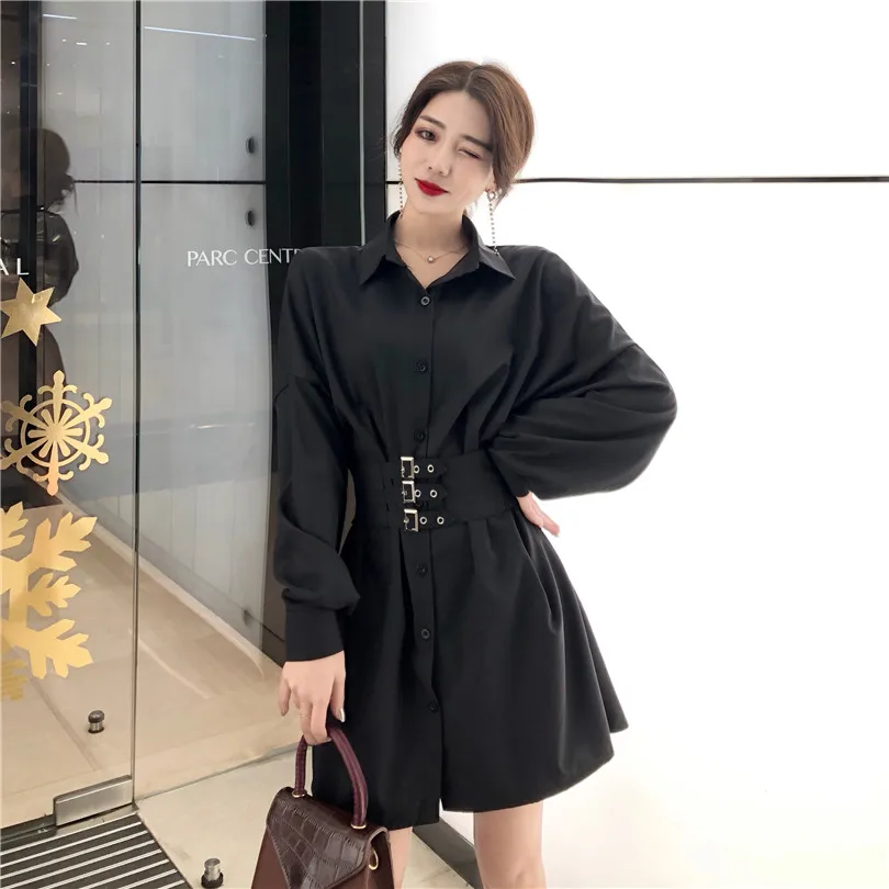 

Spring Autumn Gothic Girls Loose shirt temperament tie-up waist Tops Black and White Long Sleeve Women Fashion Design Top