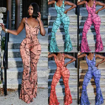 

2018 Summer Women Sleeveless Print Clubwear Playsuit Bodycon BacklessParty Jumpsuit Romper Flared Trousers Plus Size S-3XL