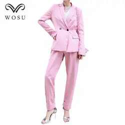 WOSU Для женщин Повседневное одноцветное Цвет Блейзер брючный костюм двубортный Блейзер Молния Fly Lang брюки Блейзер Костюмы BB409