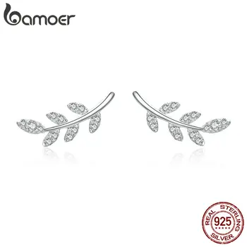 

BAMOER Authentic 925 Sterling Silver Spring Leaf Leaves Clear CZ Zircon Stud Earrings for Women Fashion Earrings Jewelry GAE031