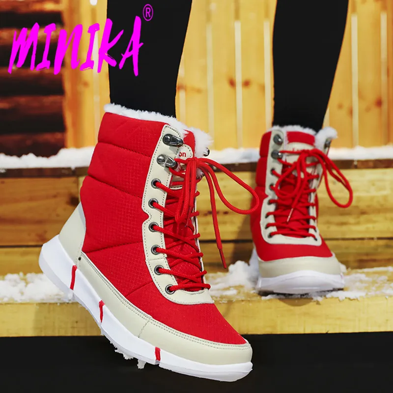 

MINIKA Large Size 36-48 Winter Warm Waterproof Boots Woman Casual Fur Plush Lace Up Wedges Couple Snow Boots Lightweigh Shoes