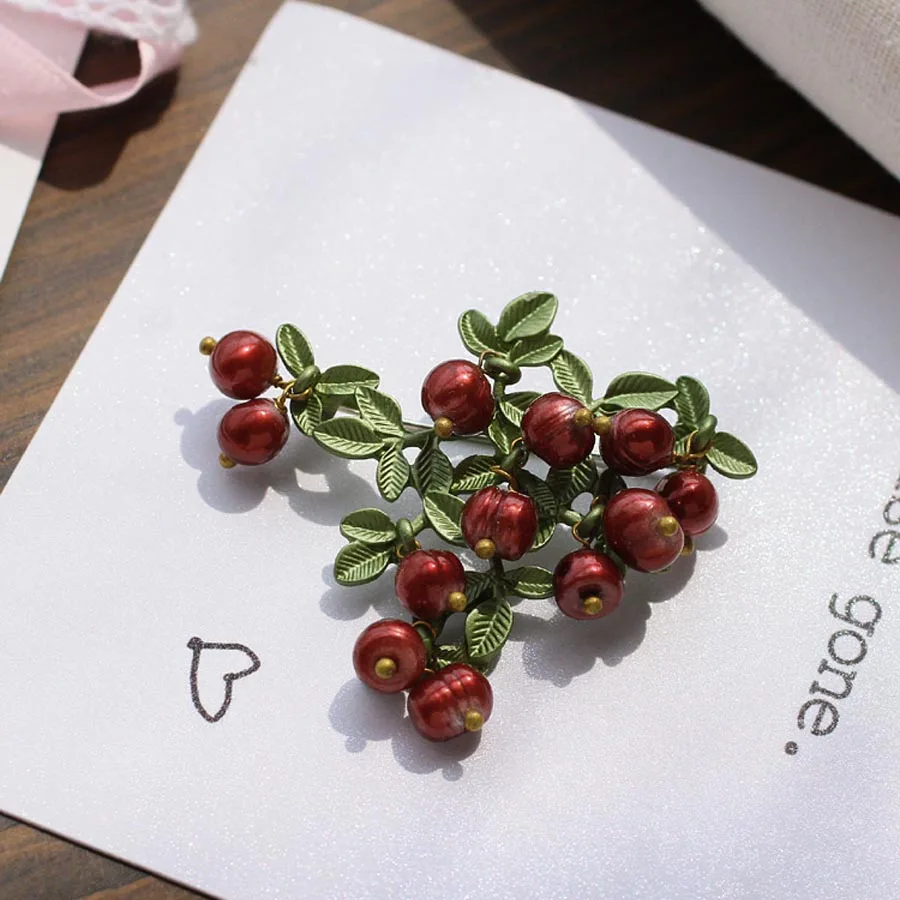 brooch Брош брошь с жемчугом модное Ювелирное Украшение Эмаль Булавка металлическая Клюквенная брошь с зеленым листом Bijoux Canneberge большая Винтажная брошь - Окраска металла: brooch