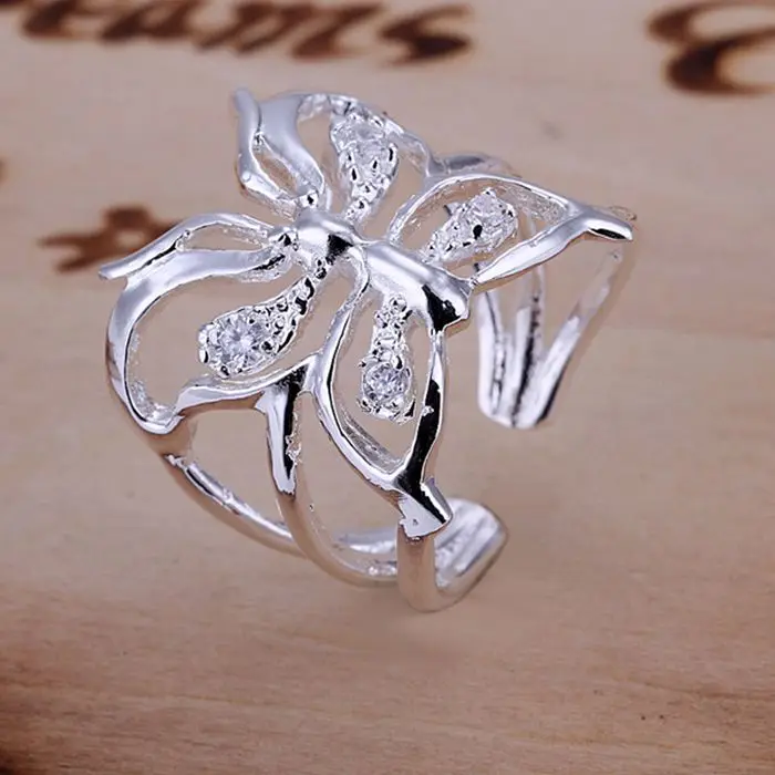 

925 jewelry silver plated Ring Fashion Zircon Butterfly Opening Ring Women&Men Gift Silver Jewelry Finger Rings SMTR035